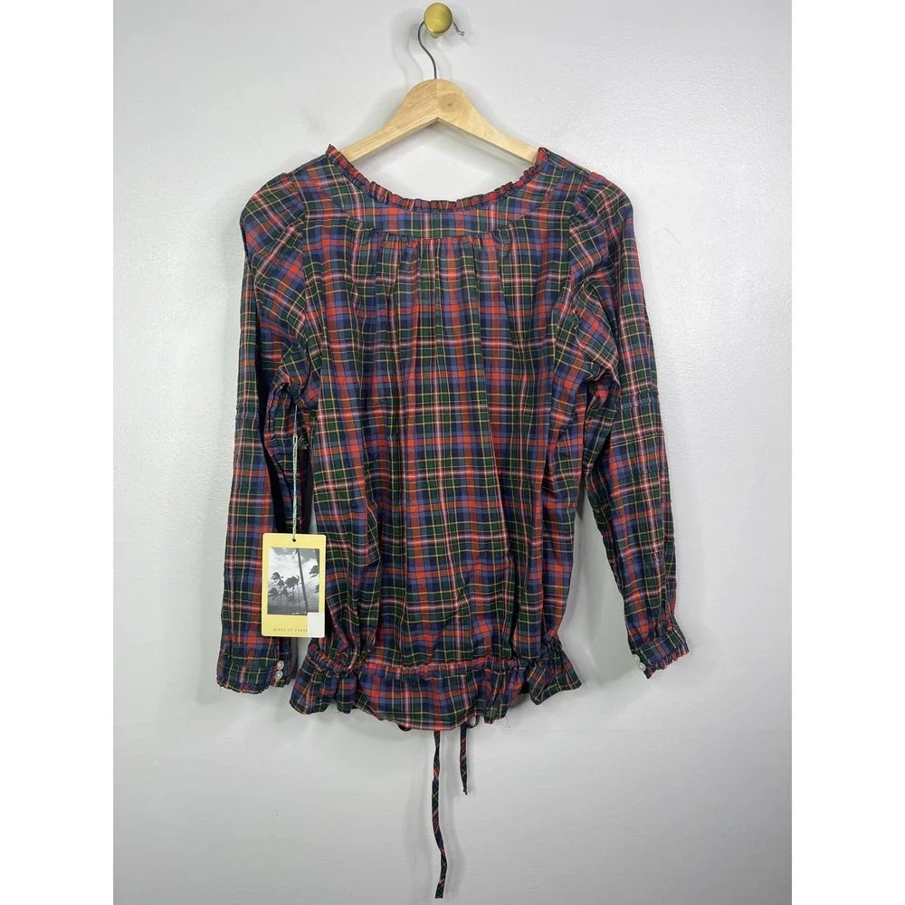 Birds of Paradis Trovata Eunice Square Neckline Ruffle Blouse Trail Plaid M NWT - Picture 8 of 11